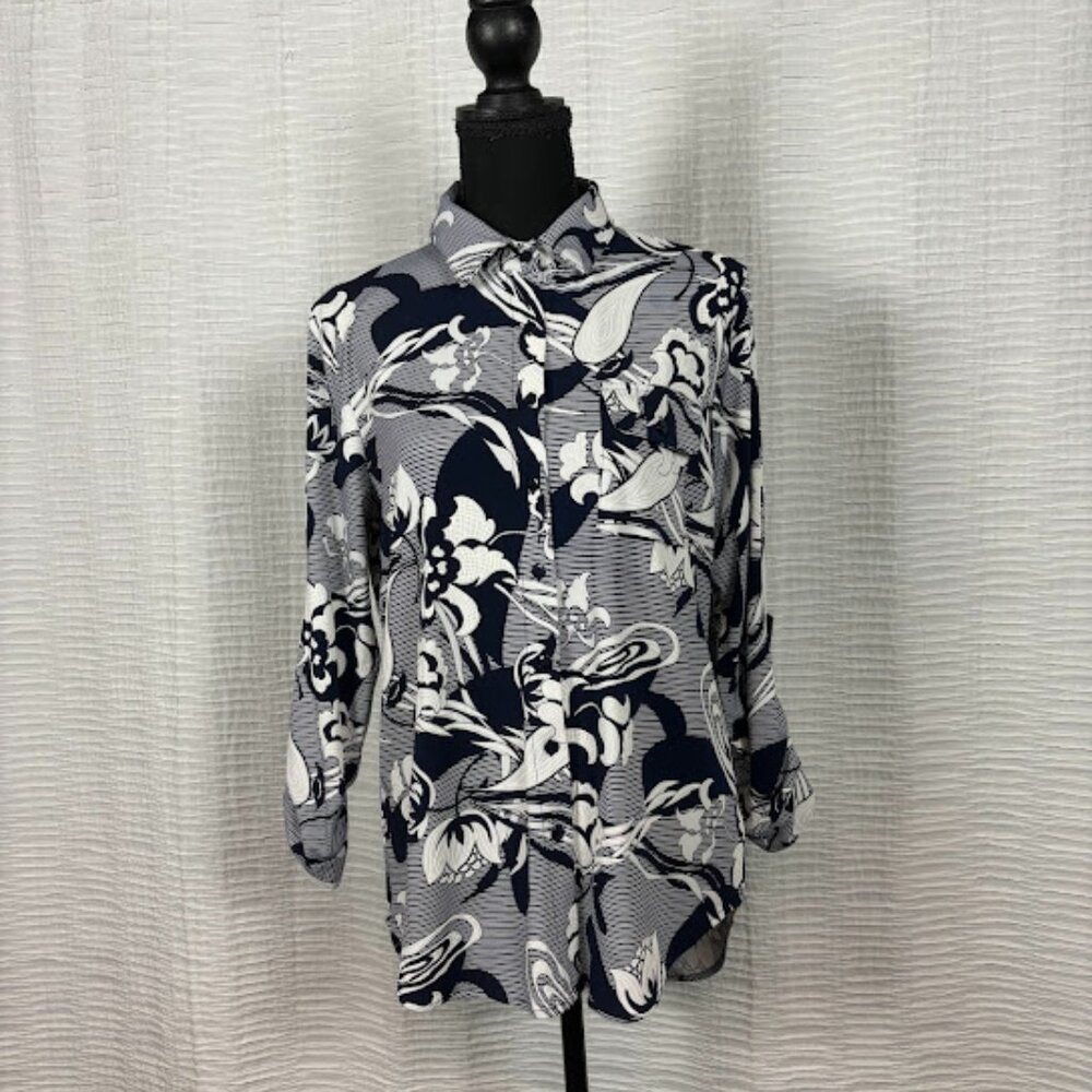 Lynn Ryan Navy & White Floral & Stripes Button Up Shirt with Button-tab Sleeves